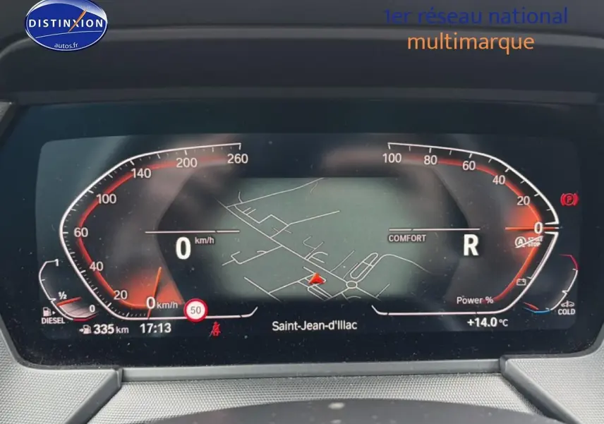 Tableau de bord numérique BMW Série 2 Gran Coupe F44 affichant vitesse, navigation et température extérieure.
