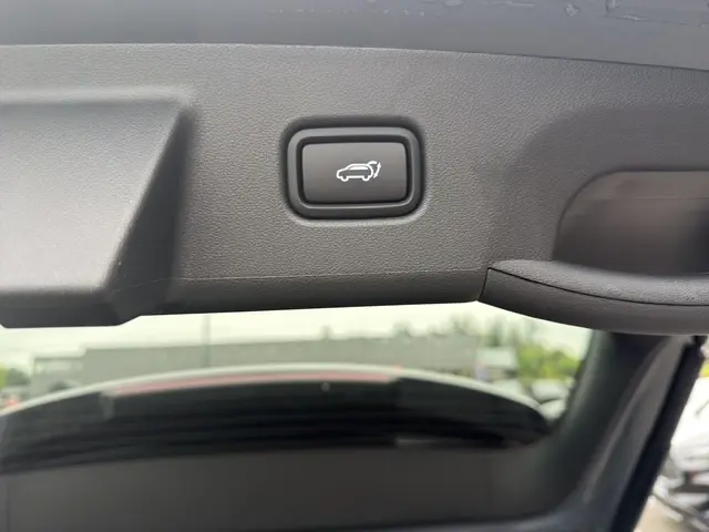 Bouton d'ouverture du hayon motorisé vu de l'intérieur du hayon arrière du Hyundai Tucson gris foncé.