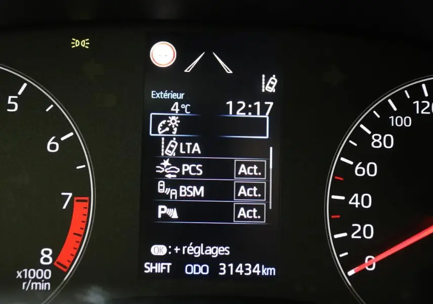Tableau de bord de Toyota Yaris 2021 montrant les compteurs et l'écran central avec alertes actives à 31 434 km