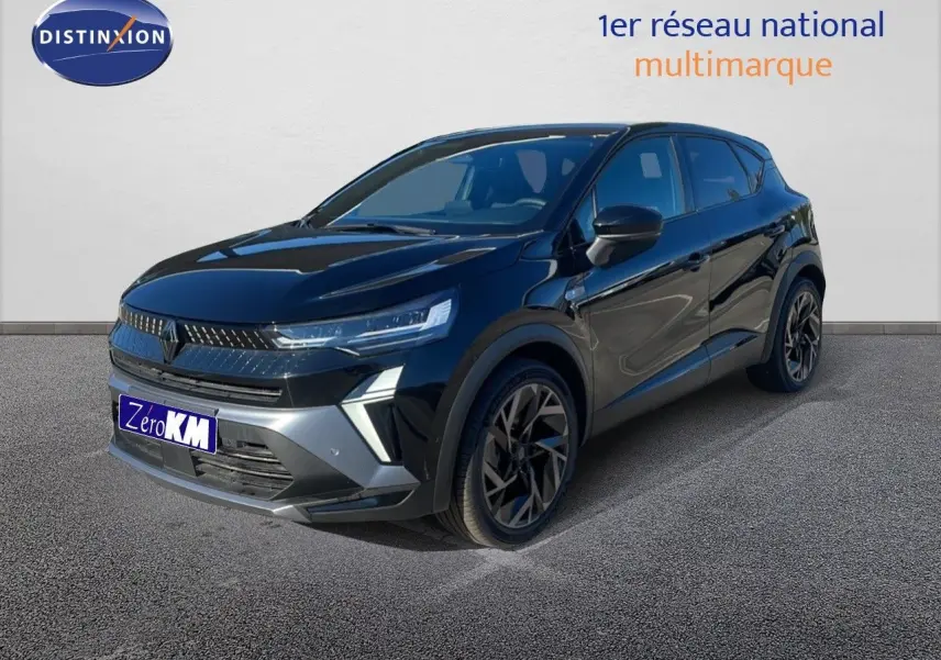 Renault Captur E-Tech hybride noir étoile métal en 3/4 avant droit avec jantes alliage noires distinctives.