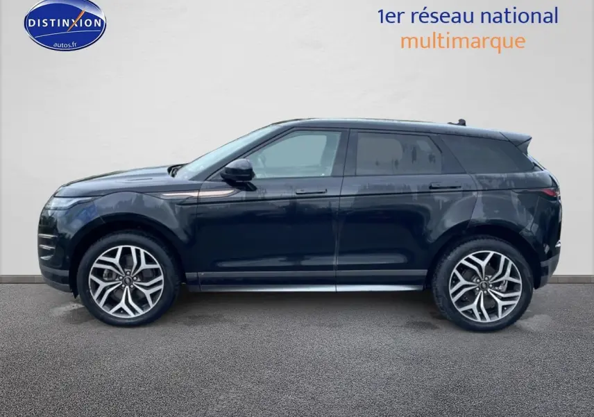 Profil côté gauche d'un Range Rover Evoque noir 2020 avec jantes alliage et toit panoramique.
