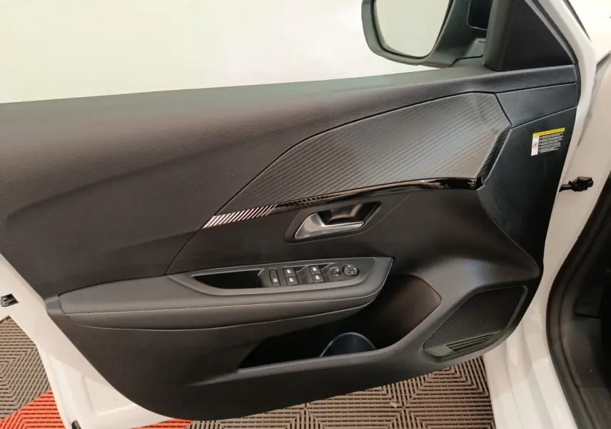 Vue intérieure côté conducteur de la porte avant droite blanche du Peugeot 208 électrique avec commandes et finition carbone.