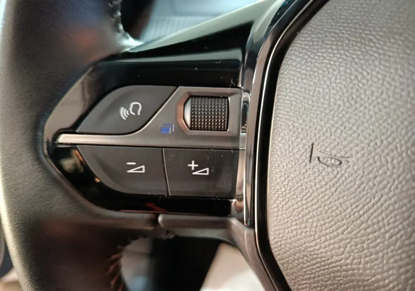 Gros plan sur les commandes gauche du volant cuir noir du Peugeot 208 électrique Active Business 2020.