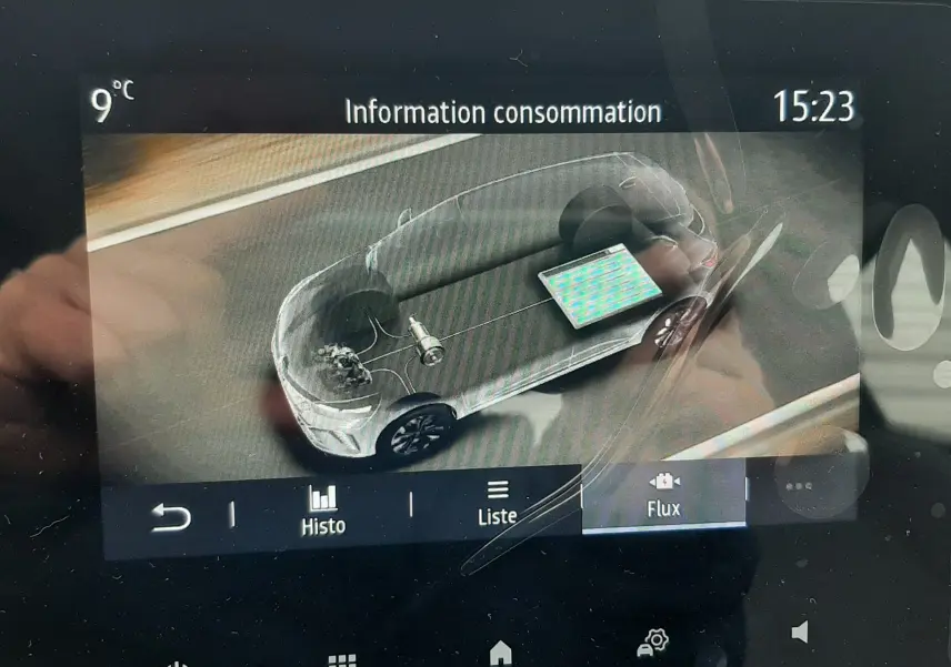 Écran tactile intérieur montrant la consommation d'énergie de la Renault Clio V hybride en vue 3D du dessus.