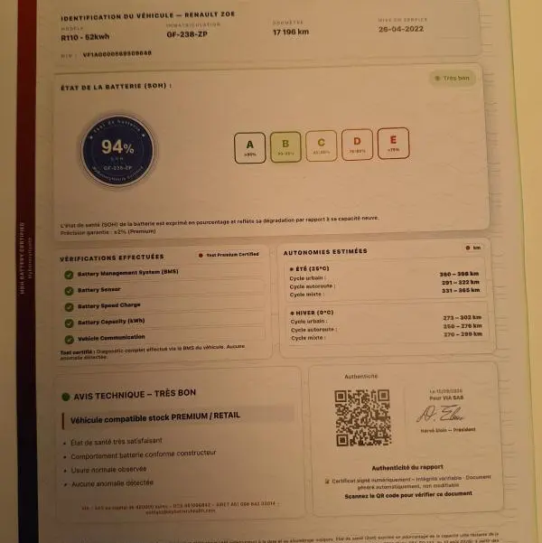 Document de contrôle de la batterie haute tension pour Renault ZOE E-Tech électrique, avec état de santé à 94% visible.