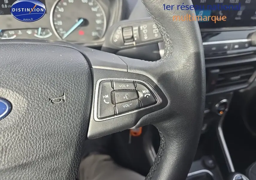 Gros plan sur le volant cuir côté gauche du Ford EcoSport gris, avec commandes vocales et tableau de bord en arrière-plan.