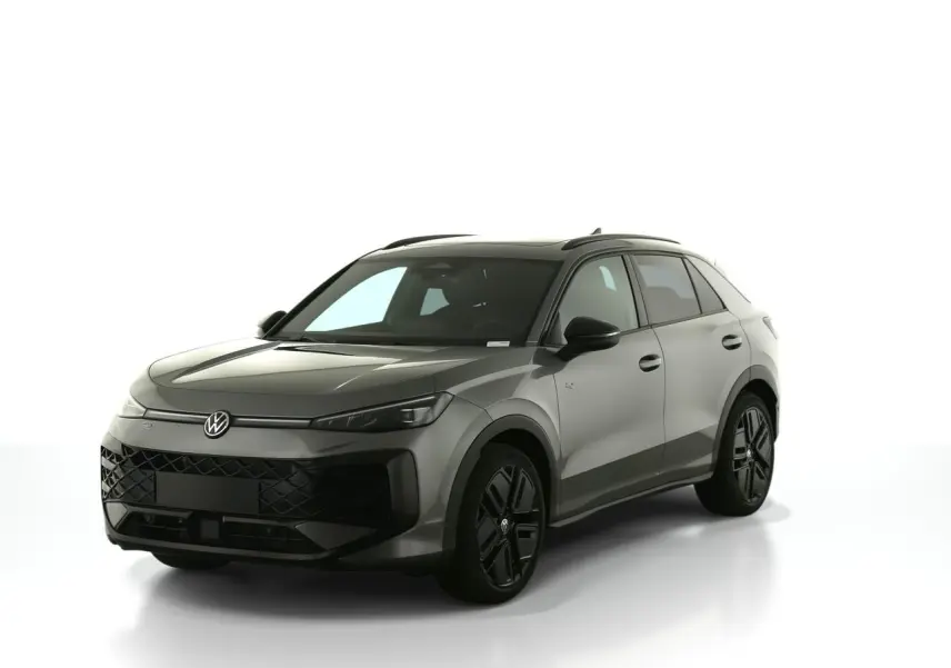 Volkswagen T-Roc gris Loup en 3/4 avant droit avec jantes noires et toit noir brillant sur fond blanc.