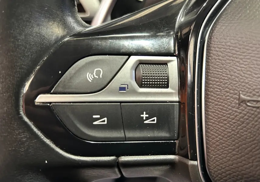 Gros plan sur les commandes de volume et de reconnaissance vocale au volant du Peugeot 5008 gris 2020.