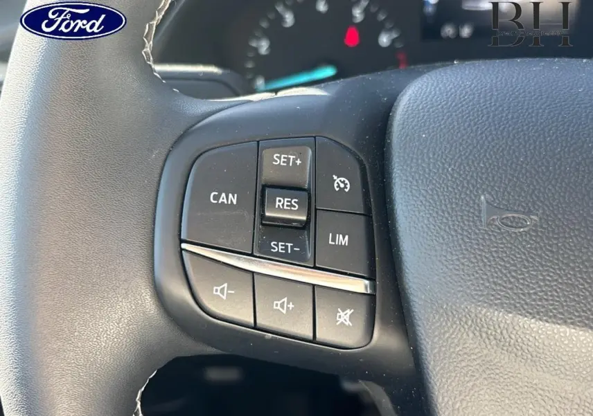 Gros plan sur les commandes de régulateur et volume au volant cuir de la Ford Fiesta Titanium Business 2023.