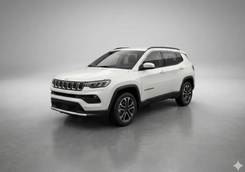 Jeep Compass blanc en 3/4 avant droit, jantes alliage 18 pouces et détails noirs contrastants sur carrosserie.