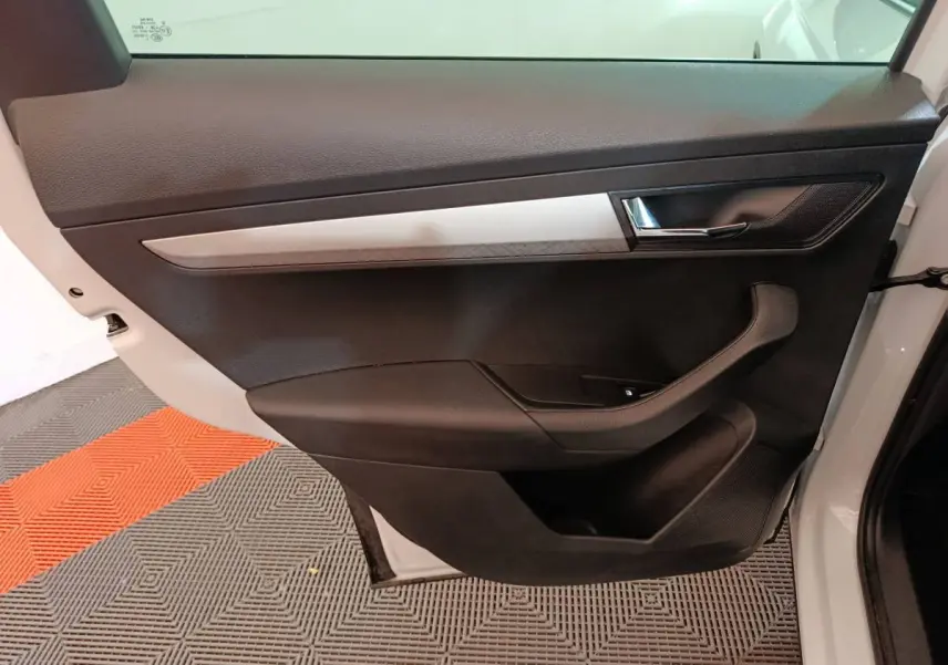 Vue intérieure de la porte avant gauche noire avec insert argenté d'un Skoda Karoq blanc 2024.