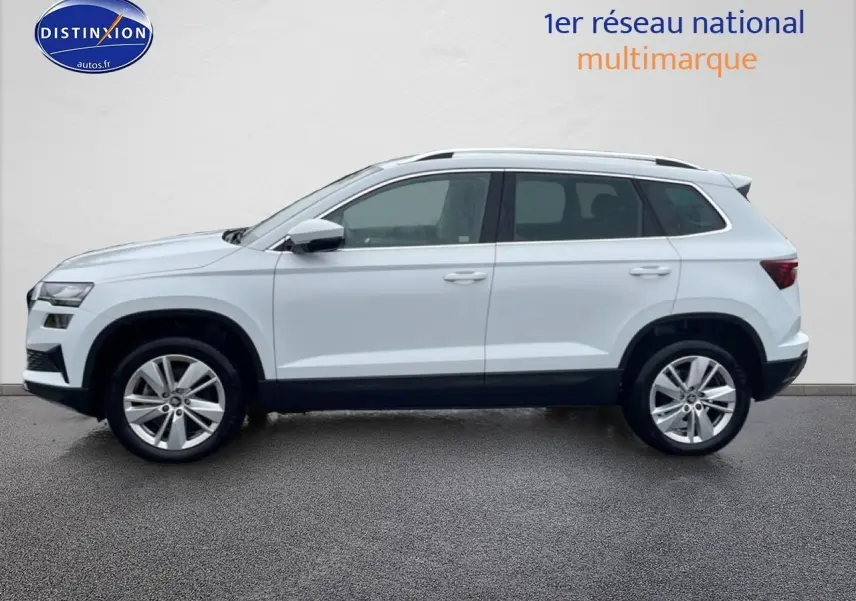 Vue de profil côté gauche d’un Skoda Karoq blanc glacial avec jantes alliage et barres de toit noires.