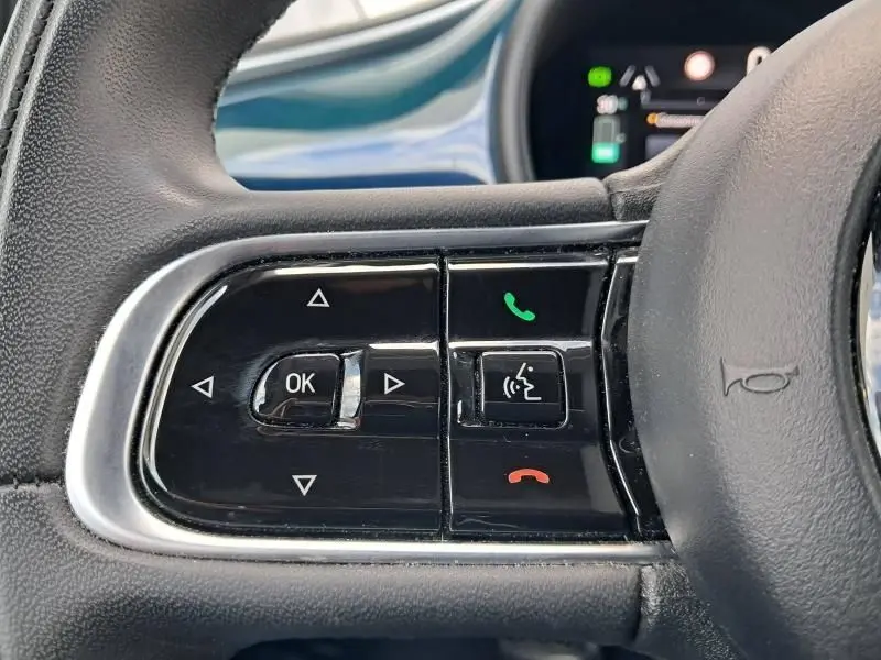 Gros plan sur les commandes vocales et appels au volant noir de la FIAT 500C électrique vert foncé métal 2021.