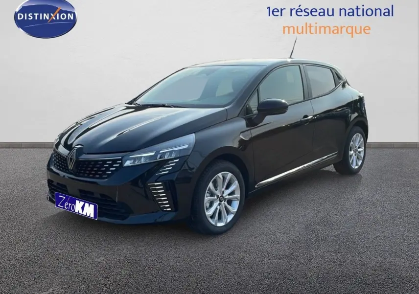 Renault Clio 2025 noir étoile métal vue 3/4 avant droit, avec feux LED et jantes alliage argentées.