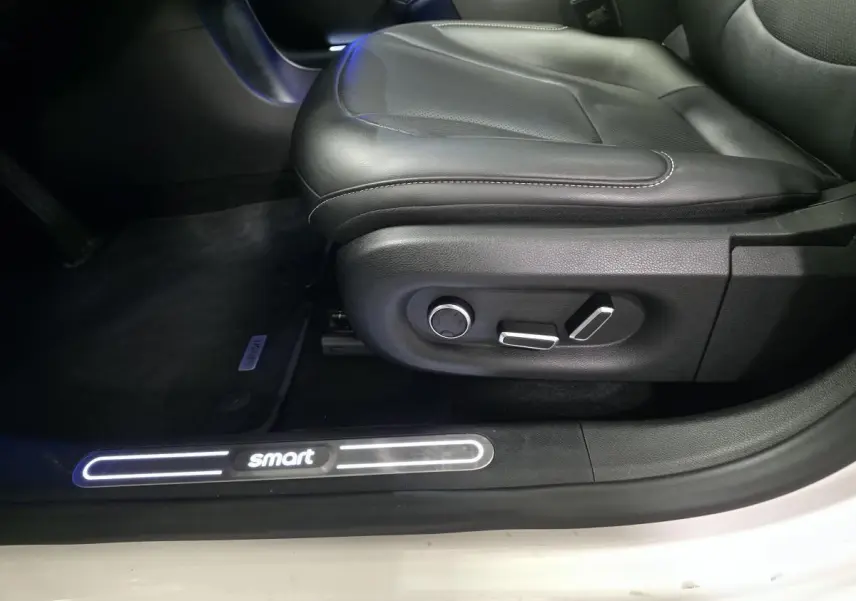 Gros plan côté gauche sur siège cuir noir avec réglages électriques et seuil de porte Smart éclairé blanc.