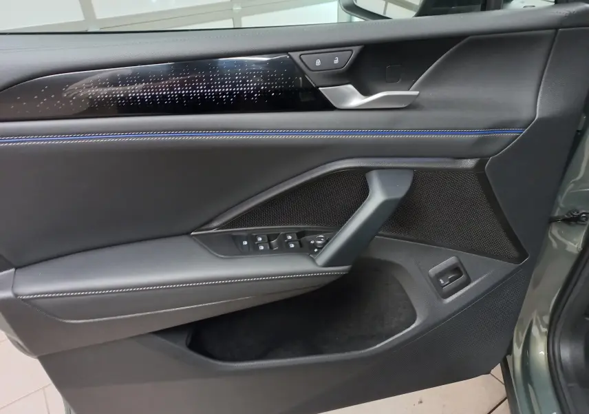 Vue intérieure côté gauche de la porte avant du Volkswagen Tiguan Vert Cipressino avec commandes et finition noire élégante.