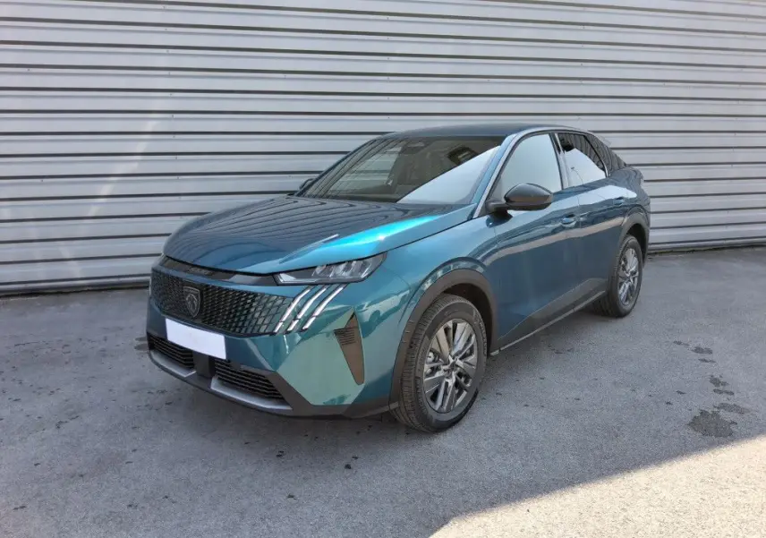Peugeot 3008 Hybrid bleu obsession vue 3/4 avant droit, avec calandre noire et feux LED distinctifs.