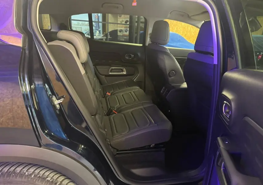 Gros plan sur la poignée intérieure et la commande de vitre côté gauche de la porte avant noire du Citroën C5 Aircross.