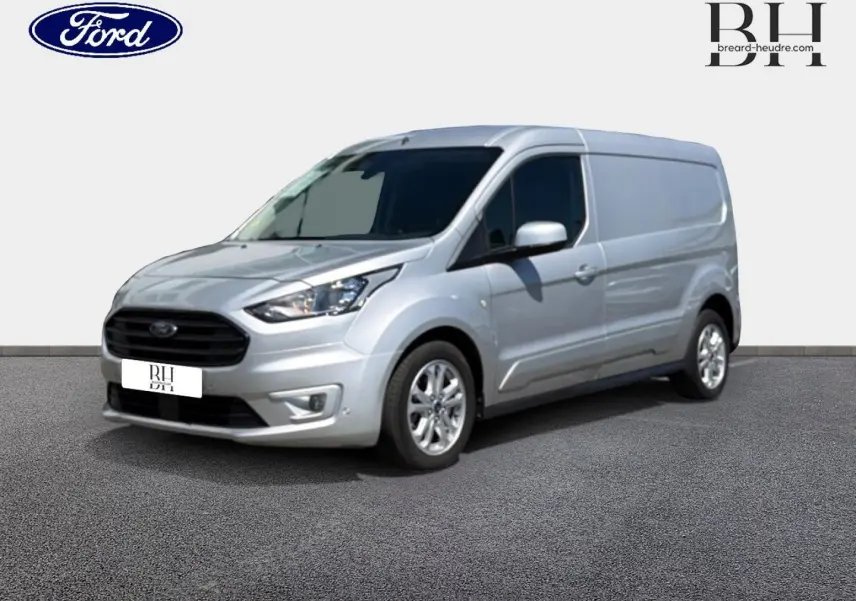 Ford Transit Connect L2 2022 gris lunaire métallisé vu en 3/4 avant droit avec jantes alu et calandre noire.