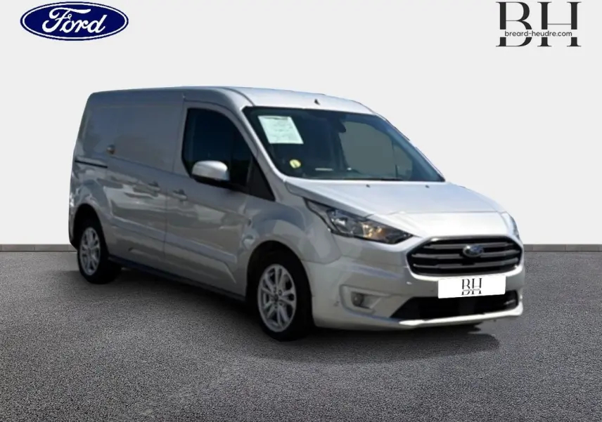 Ford Transit Connect L2 gris lunaire métallisé vu en 3/4 avant droit sur fond neutre avec jantes alu 16 pouces.