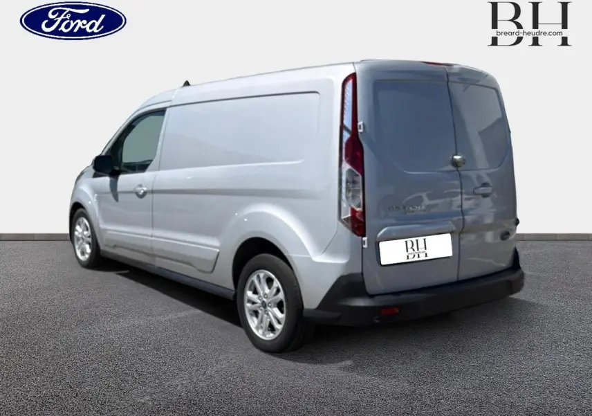 Vue 3/4 arrière droite d’un Ford Transit Connect gris lunaire métallisé avec portes arrière battantes et jantes alu 16 pouces.