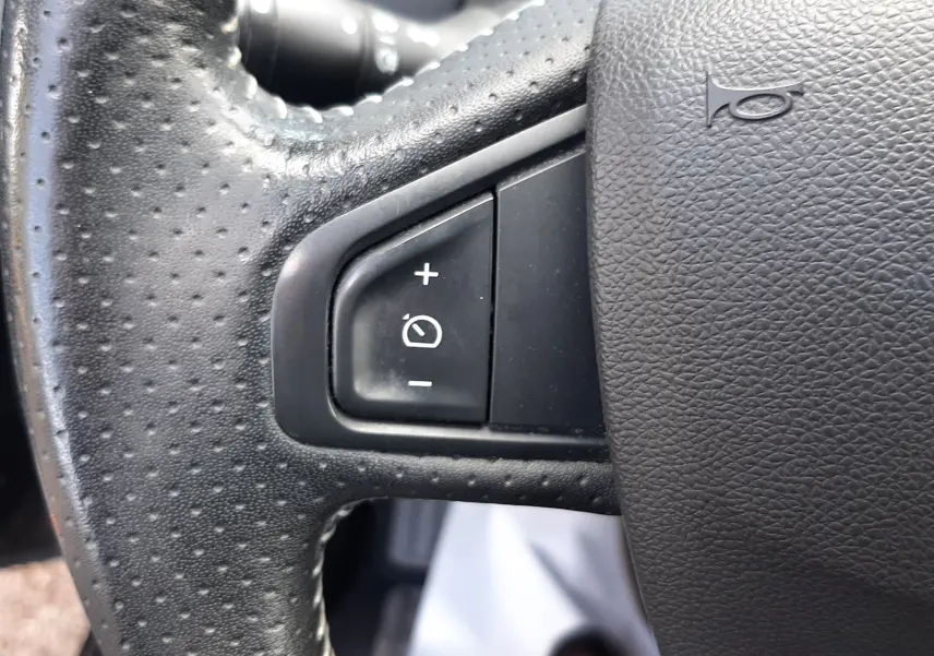 Gros plan sur le volant en cuir noir perforé du Renault Grand Scenic DCI 110 Bose, avec commandes de régulateur de vitesse.