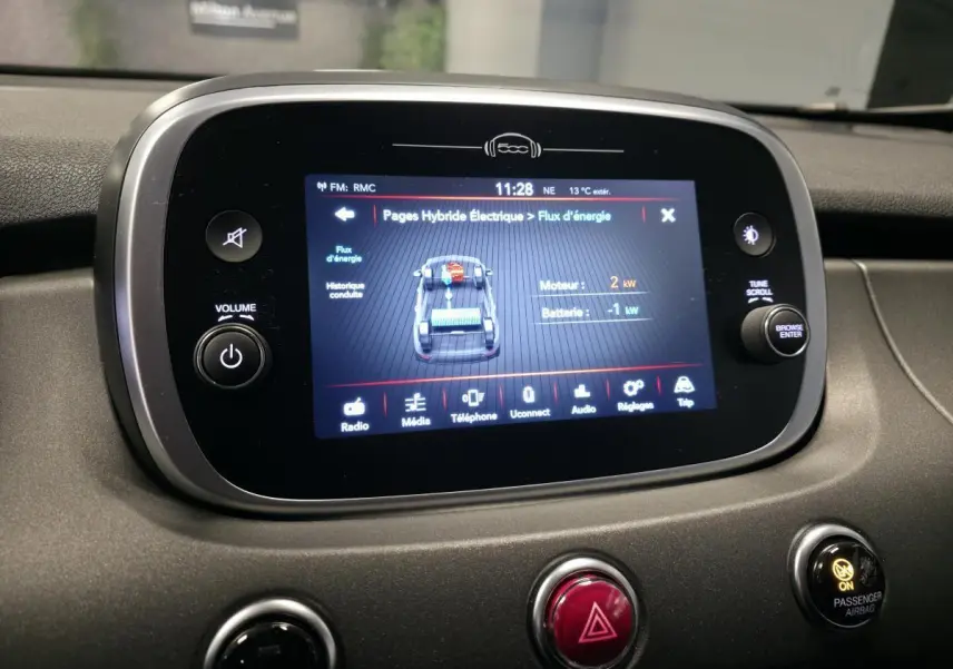 Écran tactile central de la Fiat 500X 2024 affichant le flux d'énergie hybride, vue intérieure frontale.