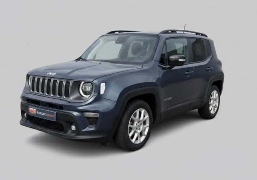 Jeep Renegade bleu en 3/4 avant droit, avec barres de toit et jantes alliage 17 pouces visibles.