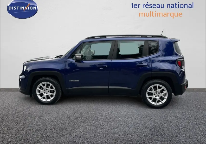 Jeep Renegade bleu en vue profil côté gauche, version Limited 2020 avec jantes argentées et toit noir.