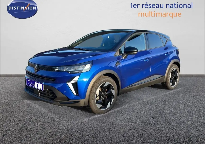 Renault Captur E-Tech hybride bleu Iron Metal avec toit noir, vue 3/4 avant droit sur fond neutre.