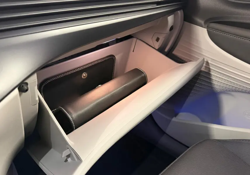 Gant de rangement ouvert côté passager intérieur bi-ton gris et noir avec éclairage d'ambiance bleu visible.