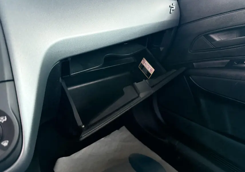 Vue intérieure du côté passager de la FIAT Punto noire de 2009 avec boîte à gants ouverte et tableau de bord gris.