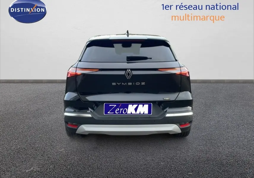 Vue arrière d'un Renault Symbioz noir étoile métal, avec feux LED fins et logo central distinctif.