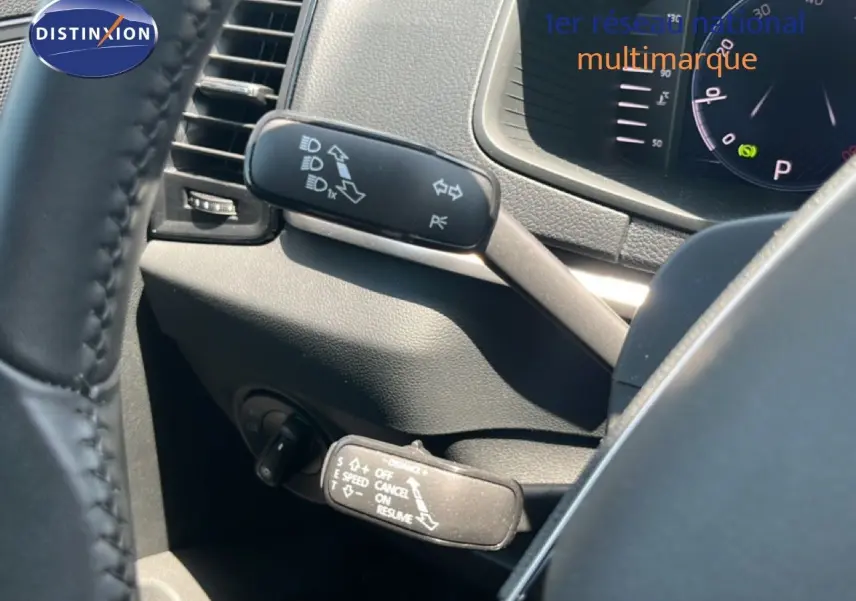 Gros plan sur la commande de régulateur de vitesse à gauche du volant dans un Skoda Karoq gris argenté.