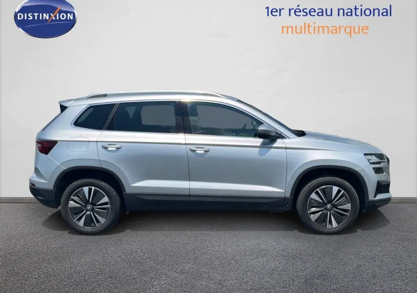 Vue de profil côté gauche d'un Skoda Karoq 2025 en Reflex Silver Metal avec jantes alliage bicolores.