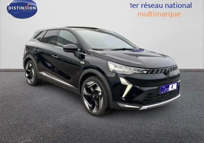 Renault Symbioz noir étoile métal en 3/4 avant droit, SUV hybride avec feux LED et jantes bicolores distinctives.