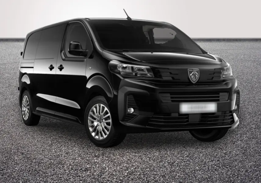 Peugeot Expert Fourgon noir vu en 3/4 avant droit, avec calandre moderne et phares LED distinctifs.