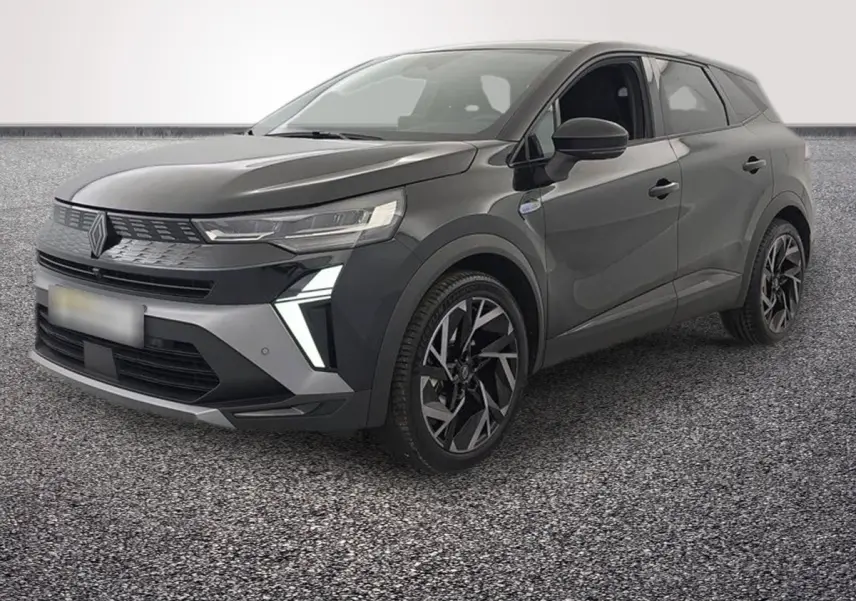 Renault Symbioz noir en 3/4 avant droit, avec feux LED distinctifs et jantes alliage modernes.