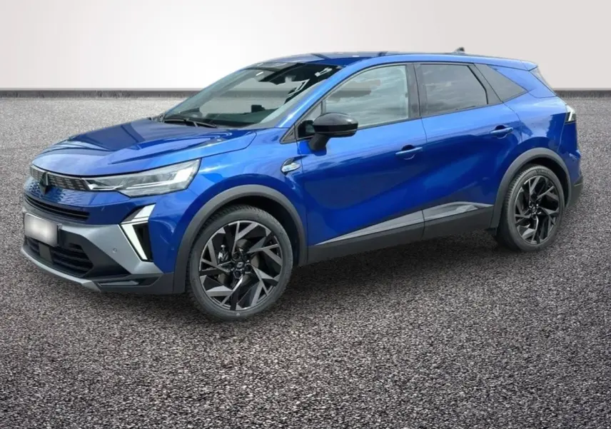 Renault Symbioz bleu en vue 3/4 avant droit, avec jantes noires et détails de calandre modernes.