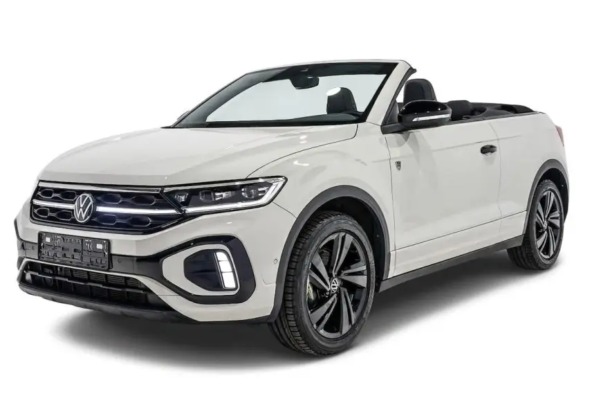 Volkswagen T-Roc Cabriolet beige métallisé vu en 3/4 avant droit, capote ouverte et jantes noires distinctives.