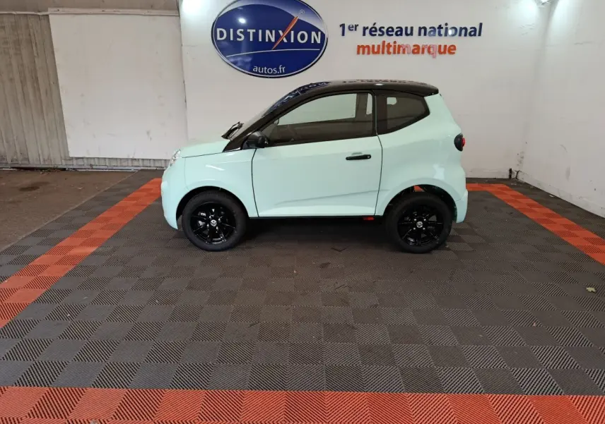 Vue de profil côté gauche de l'AIXAM AMBITION Easy Chic thermique S10-2 vert clair avec toit noir et jantes noires.