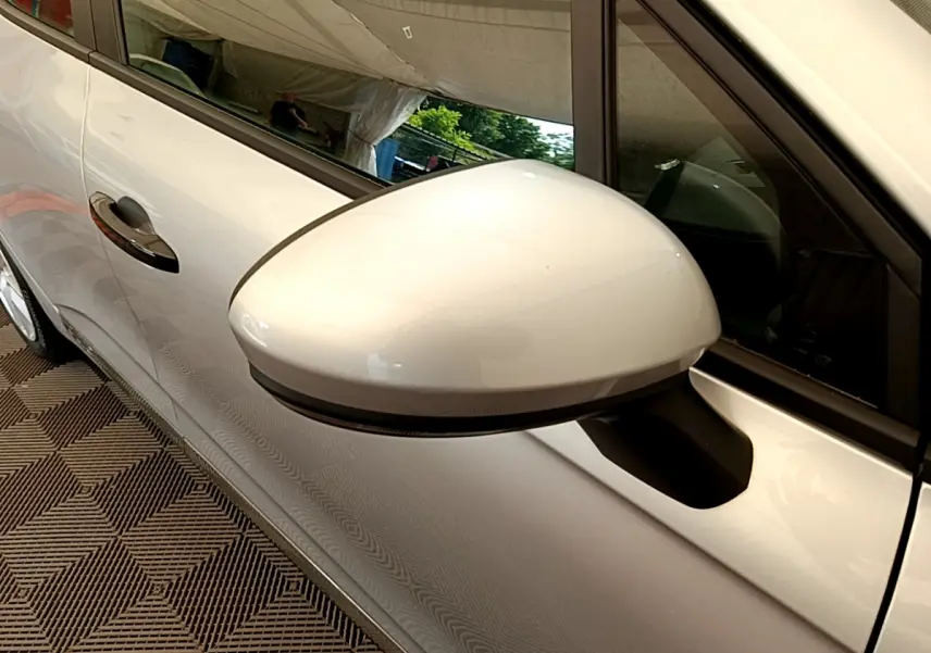 Rétroviseur côté droit gris clair de la Renault Clio Business TCe 100 2020, avec porte et poignée visibles en arrière-plan.