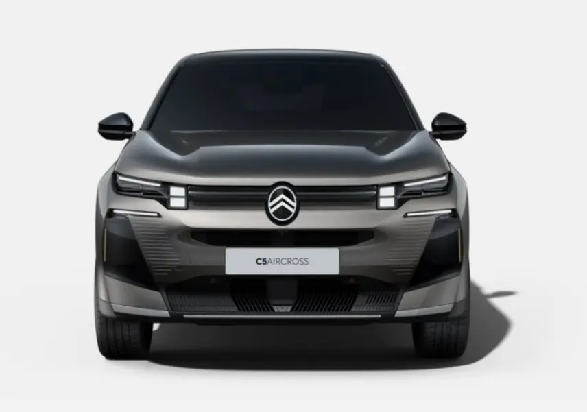 Vue avant du Citroën C5 Aircross gris Platinium avec toit noir et signature lumineuse LED distinctive.