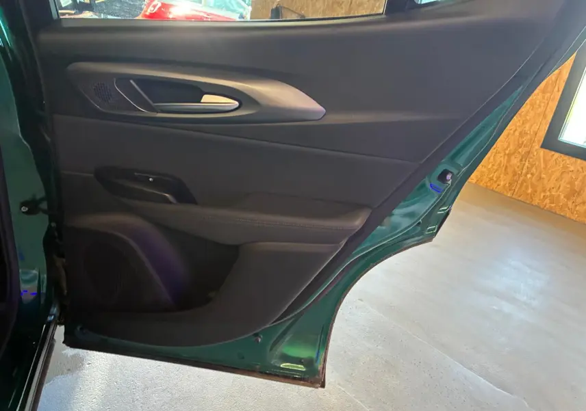 Vue intérieure de la porte arrière gauche d'une Alfa Romeo Tonale 2022 vert foncé avec garniture noire.