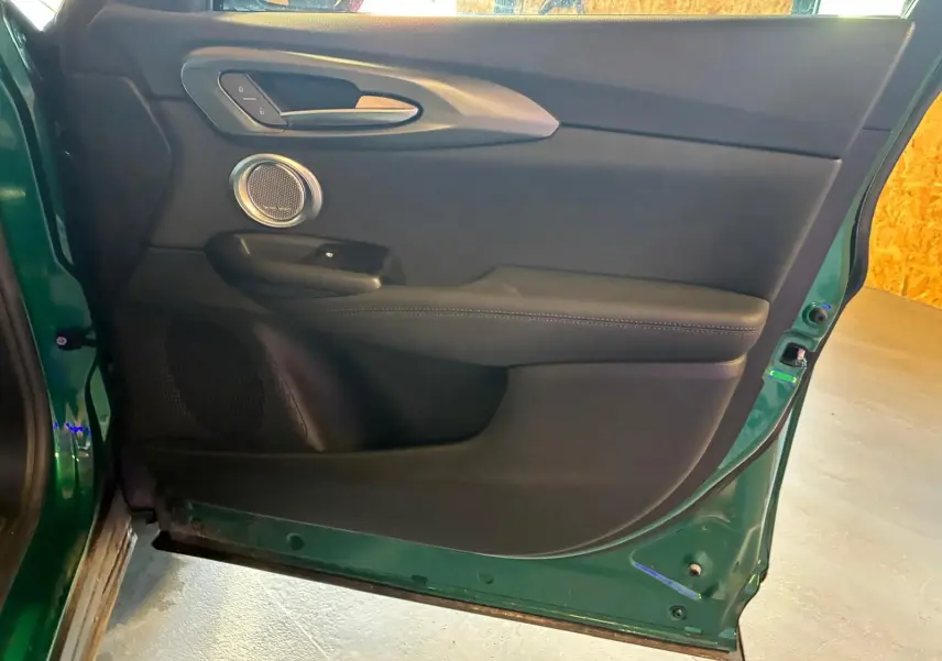 Vue intérieure de la porte avant gauche de l'Alfa Romeo Tonale vert foncé, avec garniture noire et haut-parleur rond.
