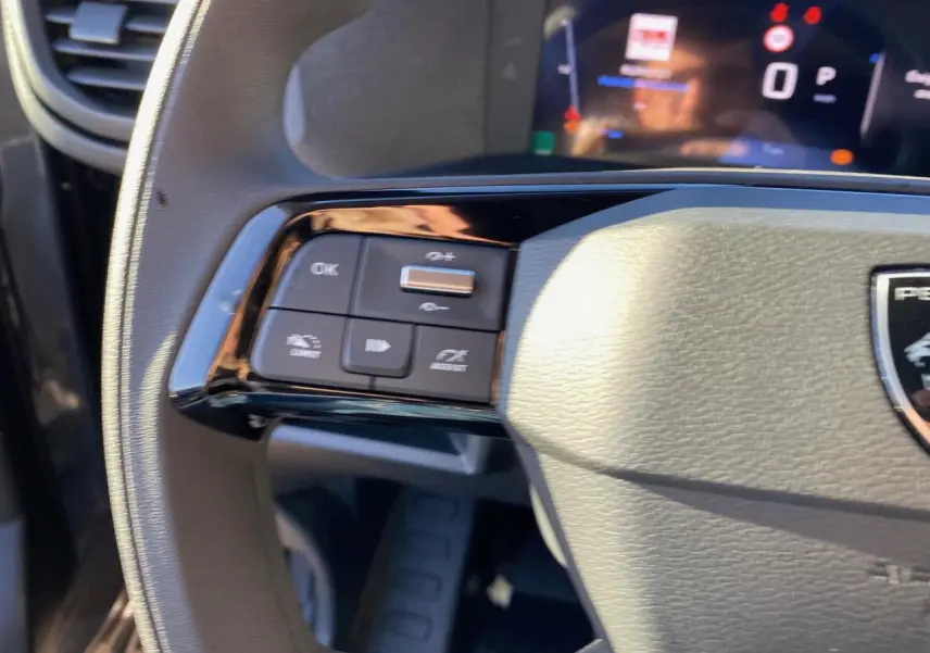 Gros plan sur la partie gauche du volant gris du Peugeot Expert Fourgon 2026 avec commandes intégrées et tableau de bord numérique flou.