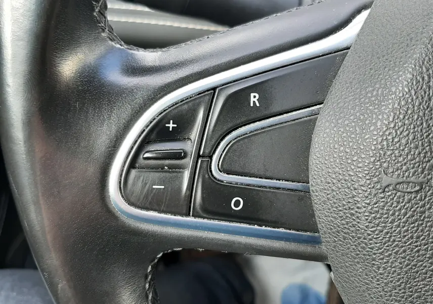 Gros plan sur la commande des vitres électriques et rétroviseurs sur la porte côté gauche d’un Renault Scenic IV gris cassiopée.