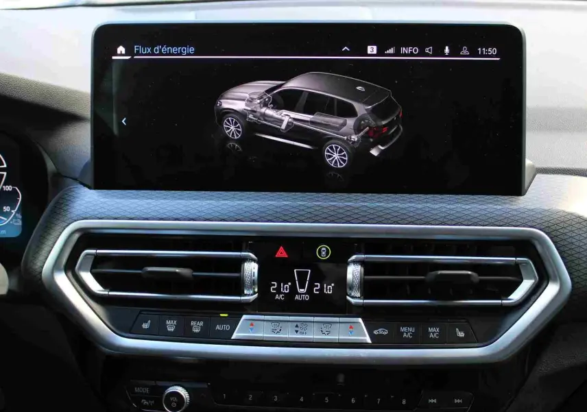 Écran central du BMW X3 xDrive 30e 2023 montrant le flux d'énergie hybride, avec commandes climatisation en dessous.