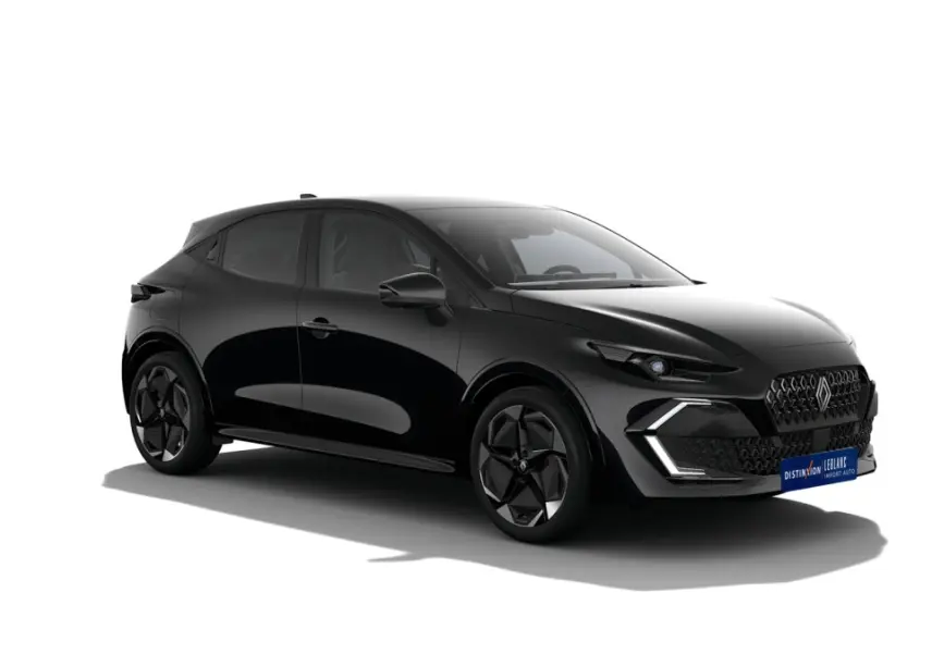 Renault Clio Techno full hybrid noir vue 3/4 avant droit avec calandre et feux LED distinctifs.