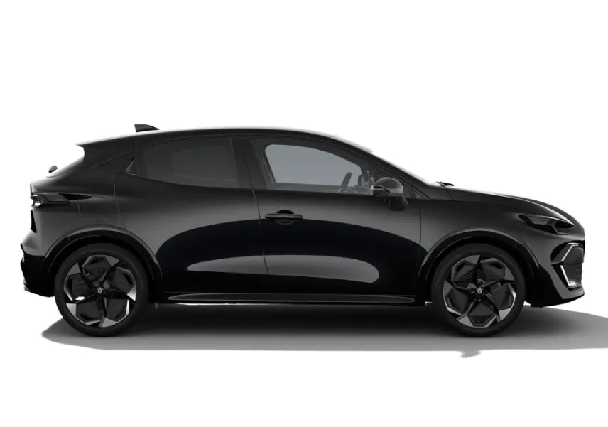 Profil droit de la Renault Clio Techno full hybrid 2026 noire, avec jantes noires au design moderne.